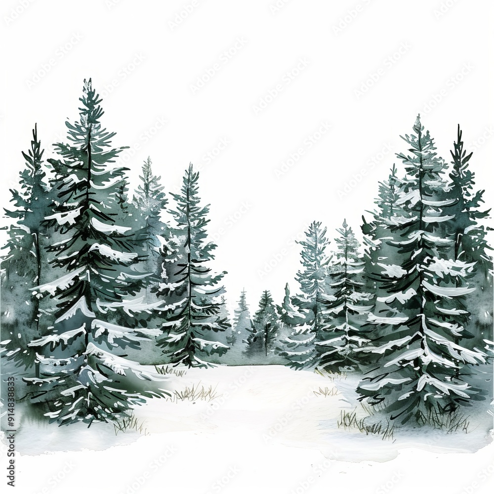 Fototapeta premium Watercolor painting of a winter forest with snow-covered trees, on isolated white background