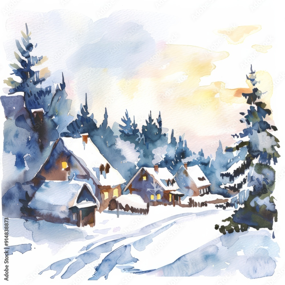 Fototapeta premium Watercolor painting of a winter forest with snow-covered trees, on isolated white background