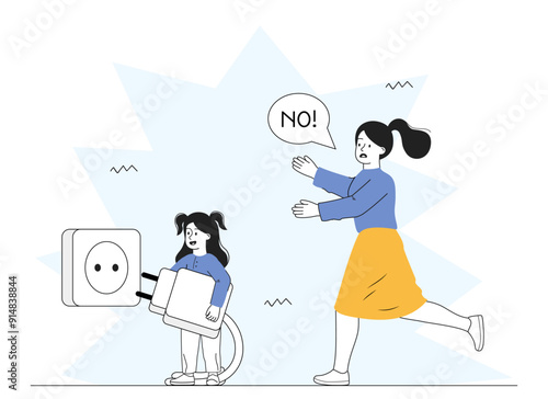 Child with electrical socket. Mother tries to stop her daughter putting plug into socket. Careless and dangerous behavior of girl. Linear vector illustration