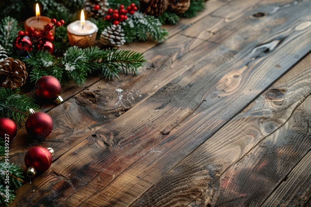 Cozy Rustic Christmas Decor with Red Candles, Pinecones, and Greenery on a Wooden Table for a Warm Holiday Atmosphere Cozy Rustic Christmas Decor with Red Candles, Pinecones, and Greenery on a Wooden Table for a Warm Holiday Atmosphere