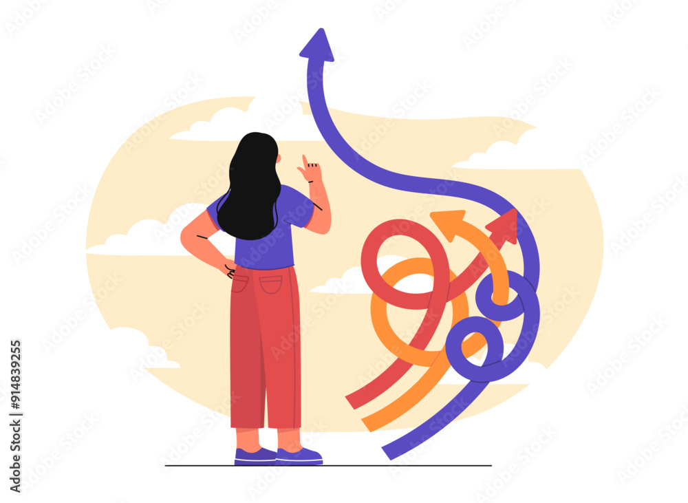 © Aleksey - Woman chooses path. Young girl makes decision. Career ambitions and motivation. Novice specialist and student choosing way and direction. Flat vector illustration © Aleksey - Woman chooses path. Young girl makes decision. Career ambitions and motivation. Novice specialist and student choosing way and direction. Flat vector illustration