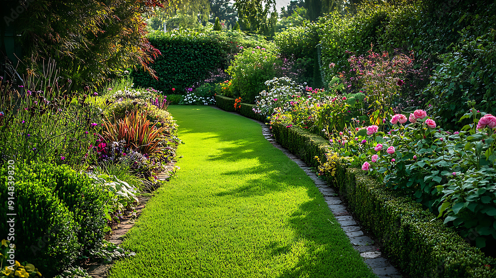 Obraz premium A lush green garden with a variety of blooming flowers and neatly trimmed hedges 