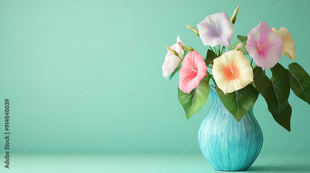 Vase with morning glory on soft green background Vase with morning glory on soft green background