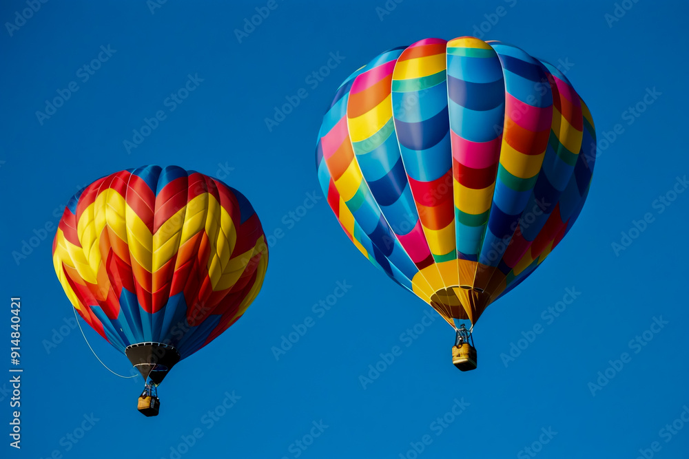Winning stock photo of two colorful hot air balloons flying in a clear blue sky. Winning stock photo of two colorful hot air balloons flying in a clear blue sky.