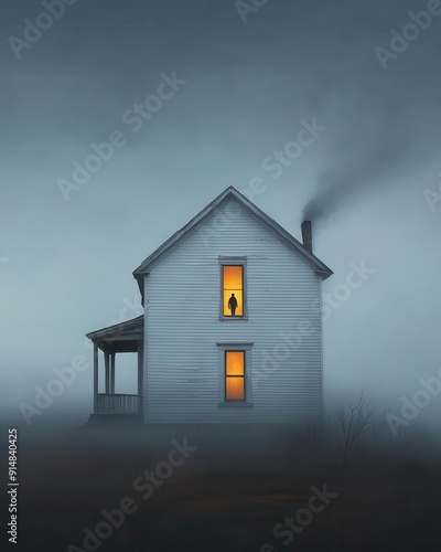 An abandoned house with a ghostly figure lurking at the window, watching silently as the night creeps in. photo