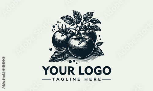 Whole tomato with slices logo vector, leaves, and seeds, Ideal for food blogs, recipe cards, and culinary prints.