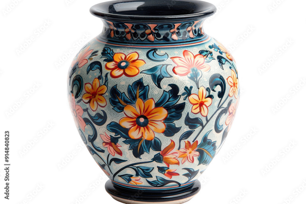 A blue and white vase with flowers on it A blue and white vase with flowers on it