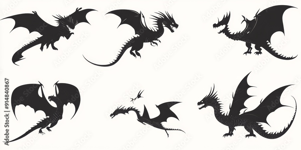 Naklejka premium legant Dragon Silhouettes: Dynamic Vector Illustrations for Chinese Zodiac and Lunar New Year Celebrations. Versatile Graphic Elements Perfect for Marketing, Advertising, 2024，new year