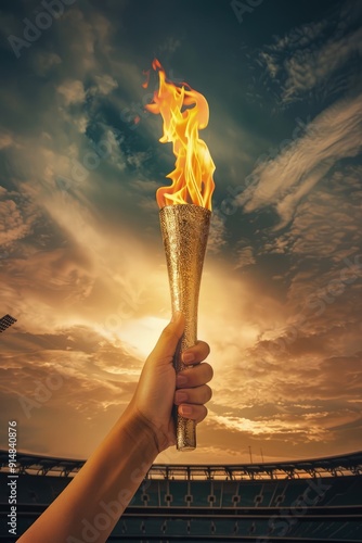 Hand Holding Olympic Torch High Against Stadium Background and Dramatic Sky, Symbolizing Strength and Unity