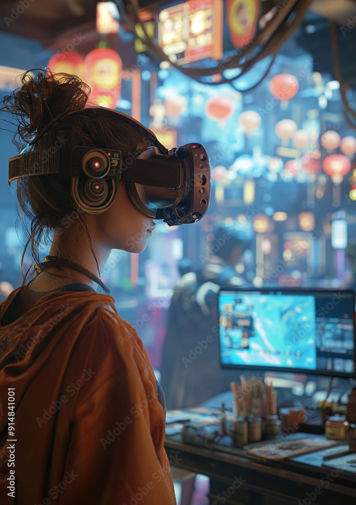 Woman Wearing VR Headset in a Cyberpunk City Setting Woman Wearing VR Headset in a Cyberpunk City Setting
