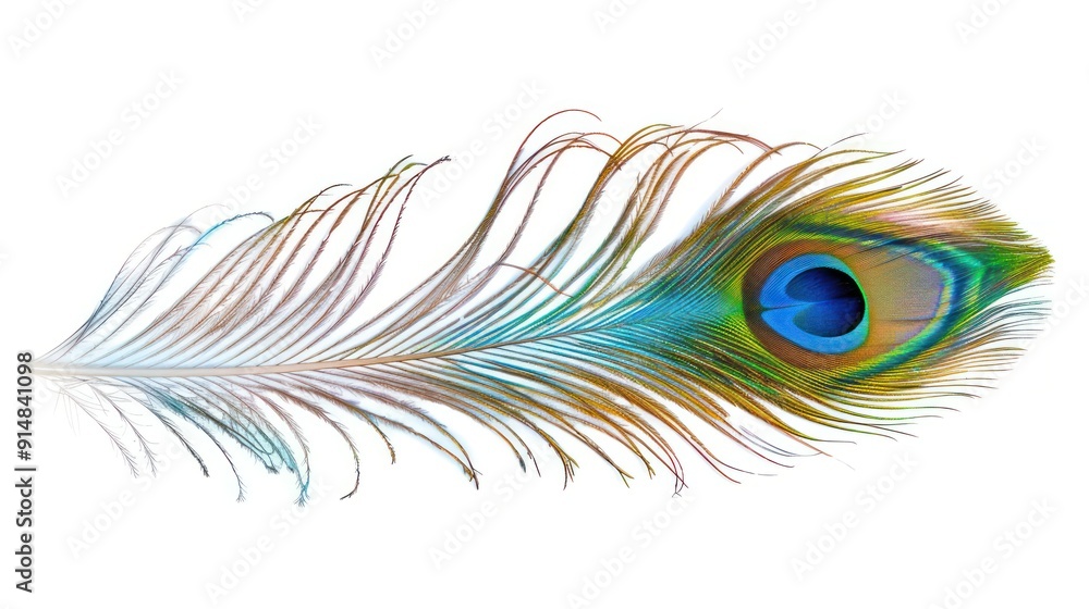 Obraz premium A Single Peacock Feather with an Eye-like Pattern