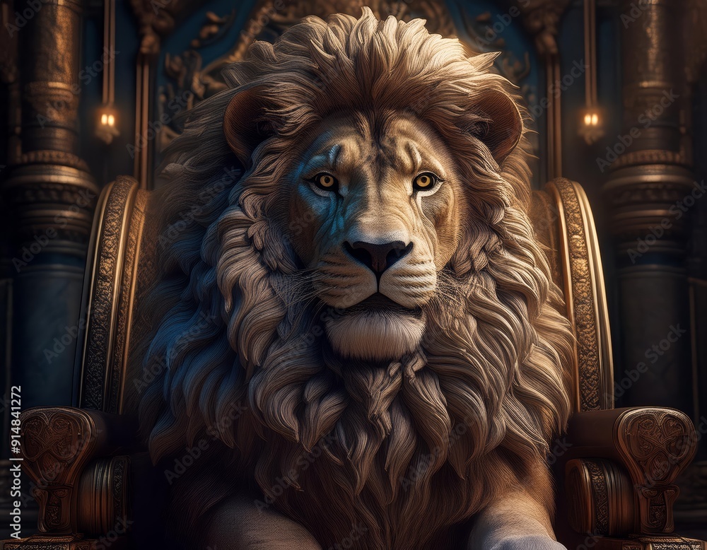 A regal lion sits upon a golden throne its piercing gaze fixed on the viewer A regal lion sits upon a golden throne its piercing gaze fixed on the viewer