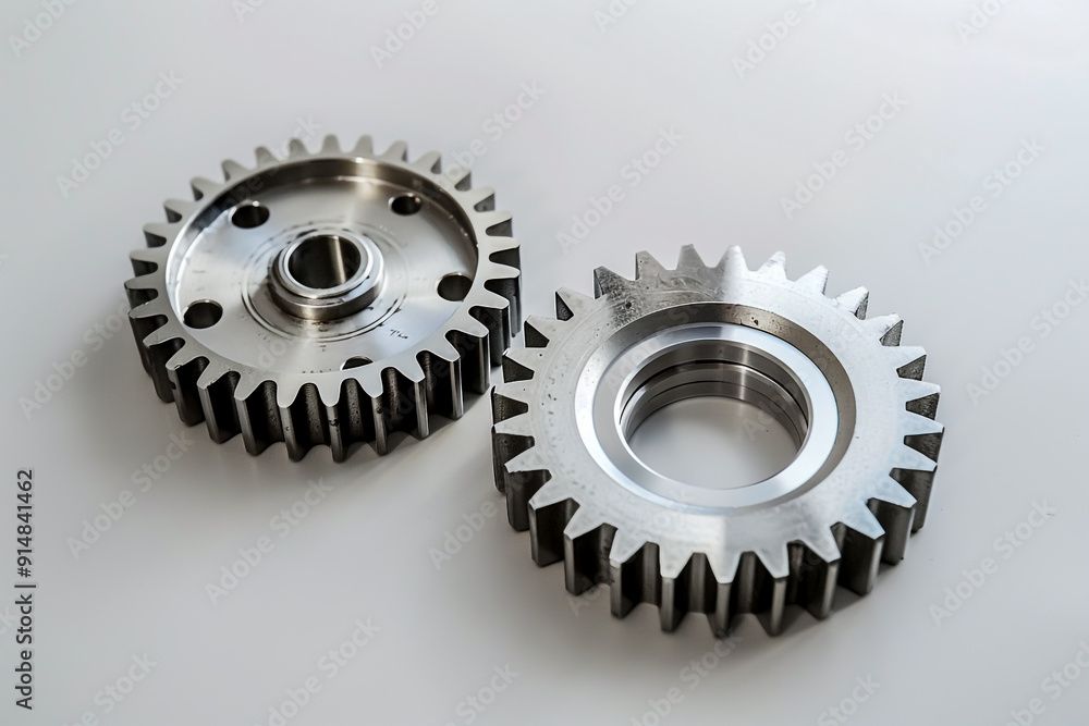 Two gears on a white background, one smaller and one larger. Two gears on a white background, one smaller and one larger.