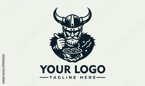 Viking chef logo vector with a horned helmet stirring a pot with a wooden spoon, perfect for food or historicalthemed designs.