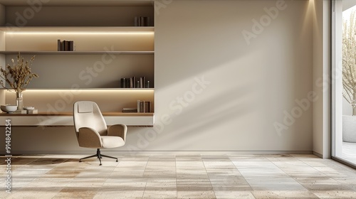 Fototapeta Naklejka Na Ścianę i Meble -  Minimalist home office with a single chair and empty wall space