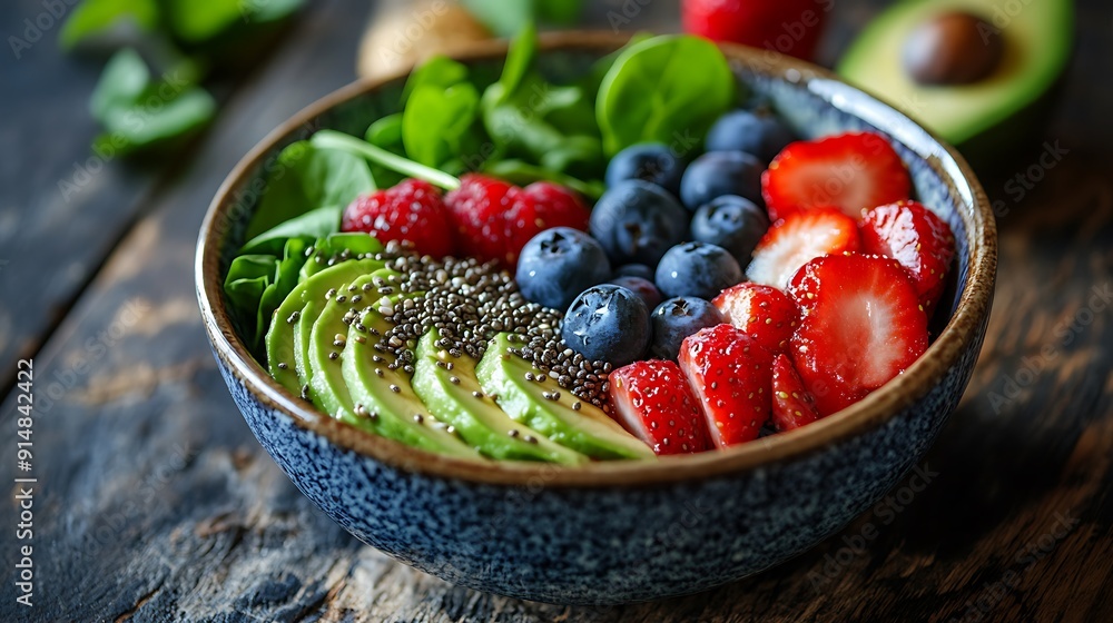 A vibrant bowl of mixed berries, sliced avocado, quinoa, and fresh spinach, topped with chia seeds, Generative AI A vibrant bowl of mixed berries, sliced avocado, quinoa, and fresh spinach, topped with chia seeds, Generative AI