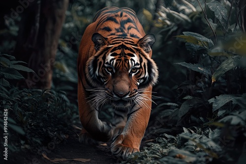 Majestic Tiger Walking Through Dense Jungle photo