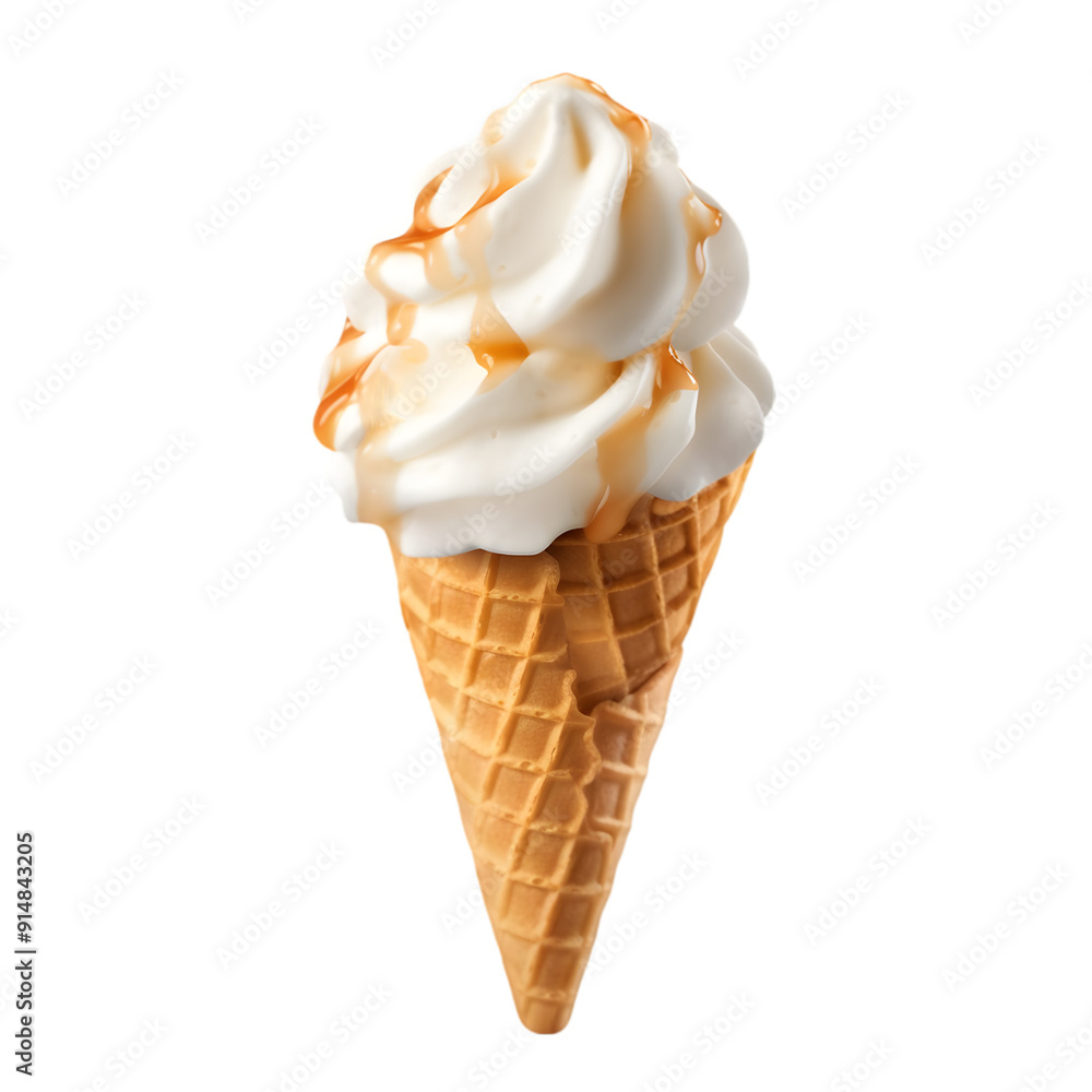 A mouthwatering illustration of a caramel swirl ice cream cone, with creamy textures and rich golden caramel drizzles, summer-themed designs or dessert menus, isolated on transparent background PNG A mouthwatering illustration of a caramel swirl ice cream cone, with creamy textures and rich golden caramel drizzles, summer-themed designs or dessert menus, isolated on transparent background PNG