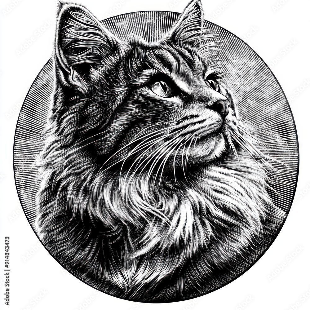 Black and white Vintage engraved art of a Norwegian Forest cat in a ...