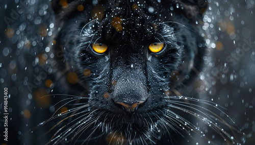 Striking close-up of black panther face with piercing yellow eyes