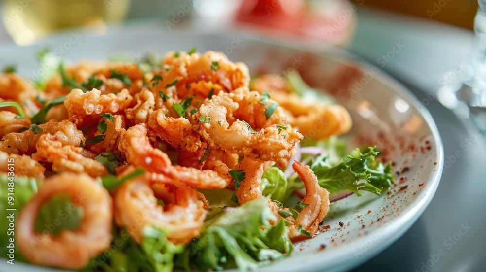 Fried Calamari Rings with Lettuce and Herbs on a White Plate Fried Calamari Rings with Lettuce and Herbs on a White Plate