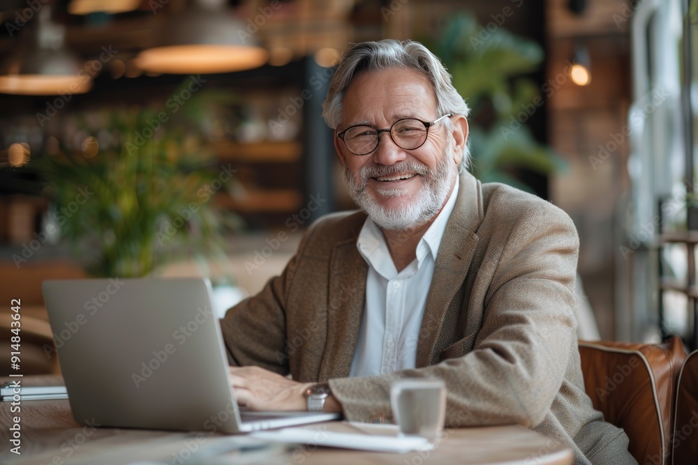 Smiling Senior Man Working on Laptop in Cafe Smiling Senior Man Working on Laptop in Cafe