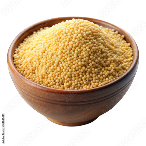 Millet groats in wooden bowl isolated on transparent background