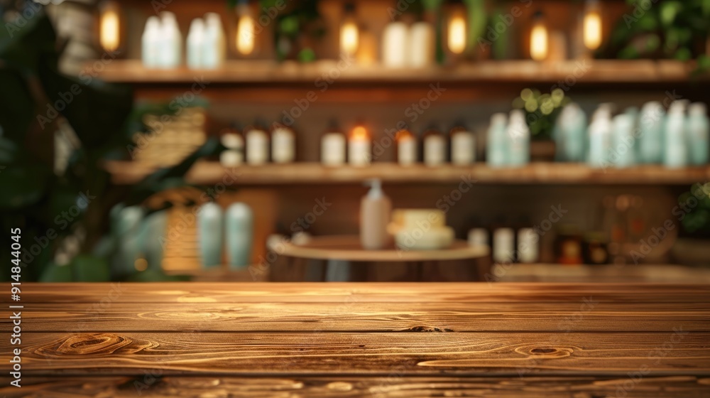 Wooden table in front of blurred spa shelves Wooden table in front of blurred spa shelves