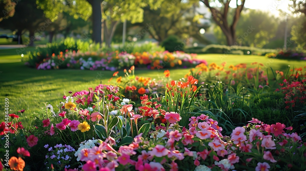 Sunlit Garden with Blooming Flowers Sunlit Garden with Blooming Flowers