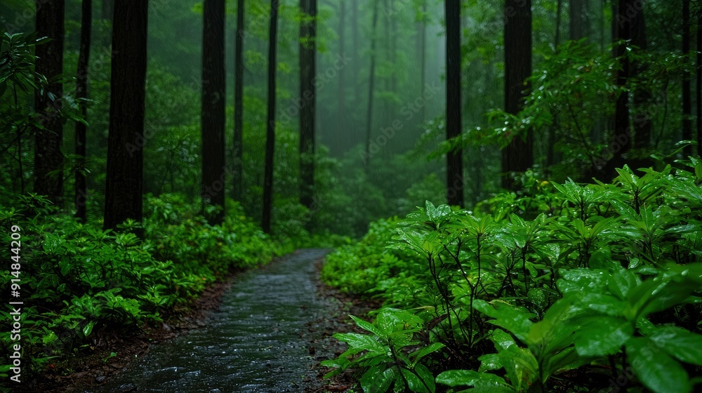 Fototapeta premium Wanderlust, serene forest, hiking path Background