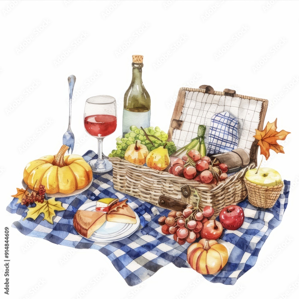 Watercolor painting of a fall-themed picnic, on isolated white background Watercolor painting of a fall-themed picnic, on isolated white background