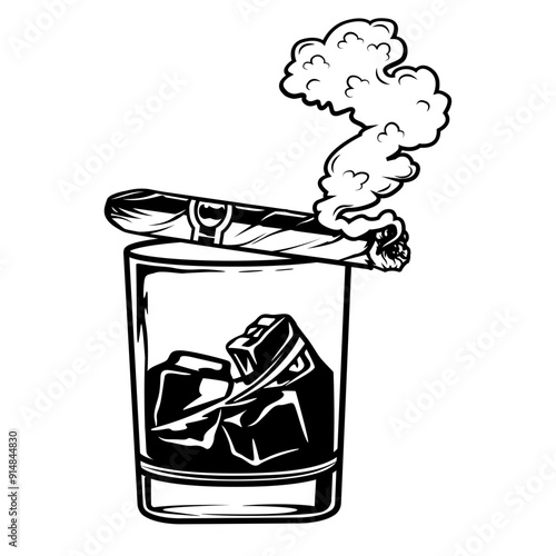 Whiskey Glass with Cigar | Whiskey Glass | Drinking Dad | Cigarette | Alcohol Drink | Smoking Cigarette | Beverage | Whiskey | Original Illustration | Vector and Clipart | Cutfile and Stencil