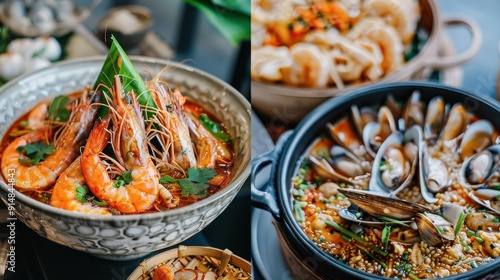 Two Dishes of Seafood, One with Shrimp and Another with Mussels