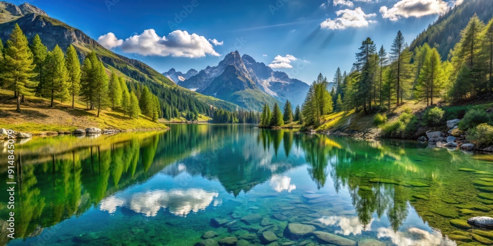 Fototapeta premium Alpine high mountain lake with coniferous woods reflected in the water in Antrona valley Campliccioli lake, Italy Piedmont