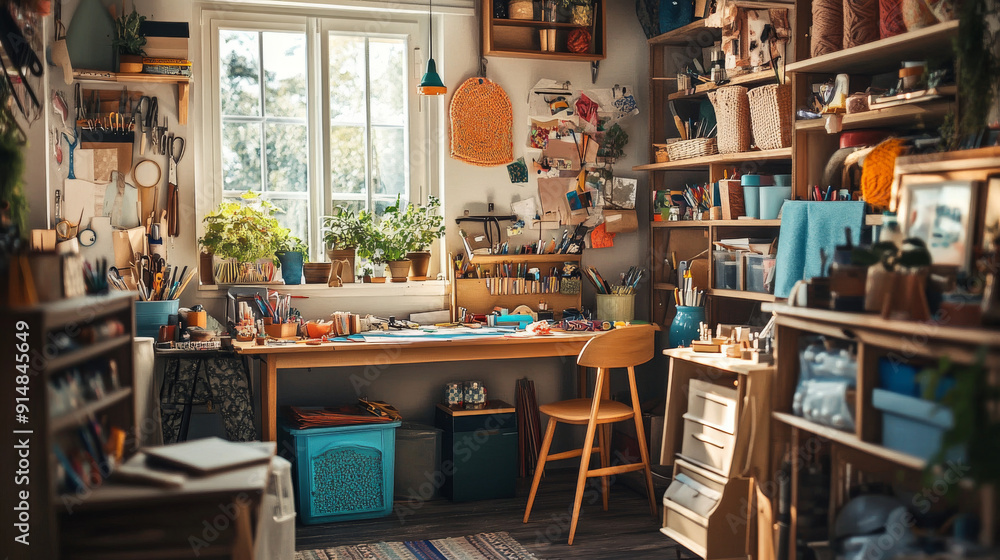 Show a cozy, organized craft workspace with tools, supplies, and projects, creating a lively and inspiring atmosphere. Show a cozy, organized craft workspace with tools, supplies, and projects, creating a lively and inspiring atmosphere.