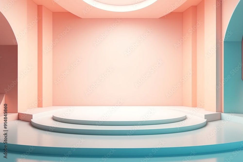 Minimalist pink and blue interior with a round podium. Minimalist pink and blue interior with a round podium.