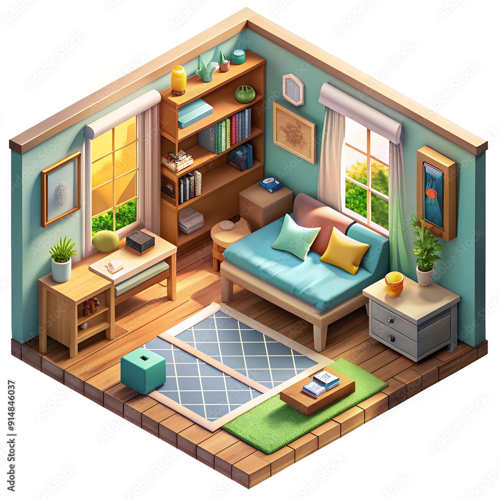 3D isometric cozy bedroom interior design with furniture and decorations 3D isometric cozy bedroom interior design with furniture and decorations
