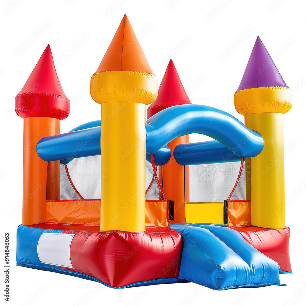 A colorful inflatable castle with a blue roof and yellow and orange walls A colorful inflatable castle with a blue roof and yellow and orange walls