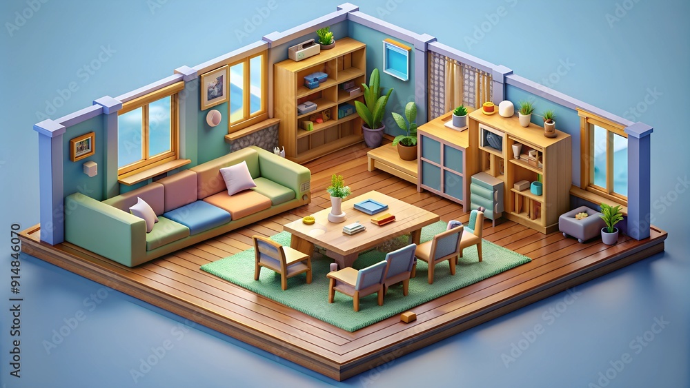 3D isometric interior of a cozy modern living room 3D isometric interior of a cozy modern living room