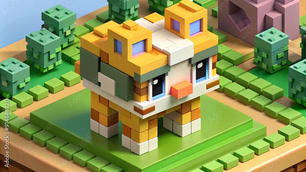 Cute 3D pixel art cat in colorful blocky environment Cute 3D pixel art cat in colorful blocky environment