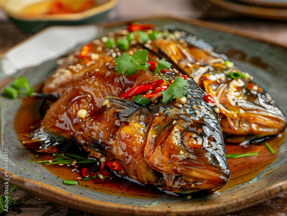 Delicious Glazed Fish with Chili Peppers and Sesame Seeds - Food Photography Delicious Glazed Fish with Chili Peppers and Sesame Seeds - Food Photography