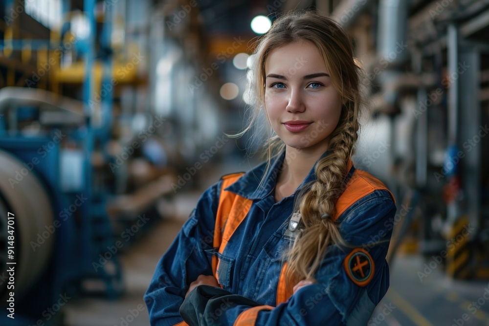 Confident Female Engineer in Industrial Setting Confident Female Engineer in Industrial Setting