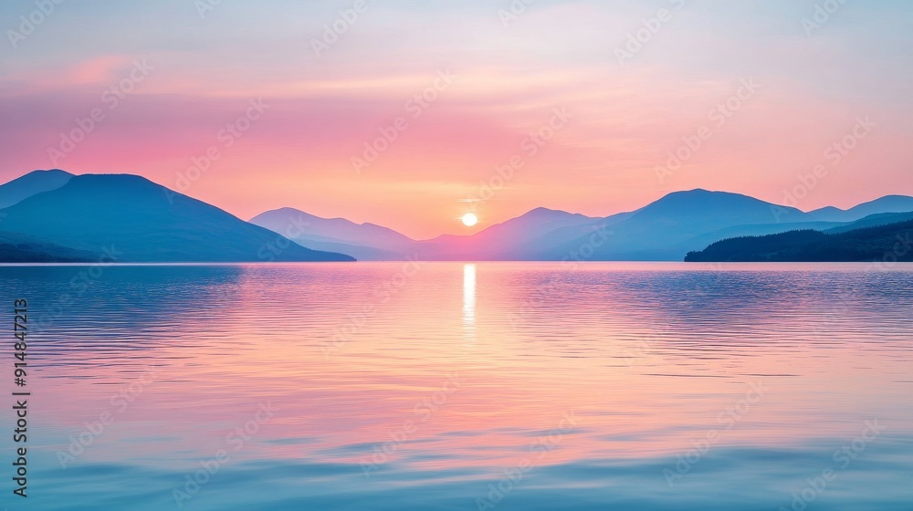 Beautiful sunset over calm lake and mountains Beautiful sunset over calm lake and mountains