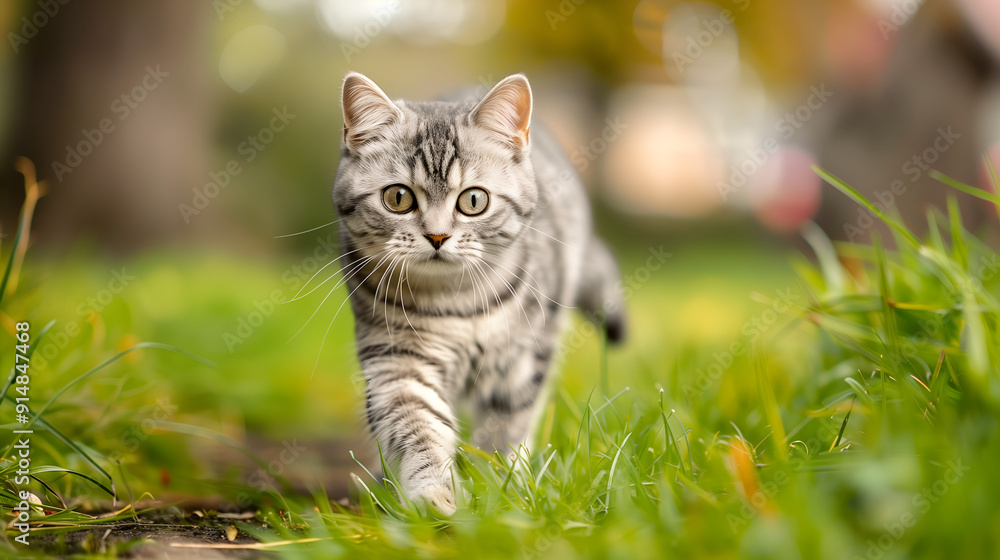 An American Shorthair cat is walking in the grass with determination. An American Shorthair cat is walking in the grass with determination.