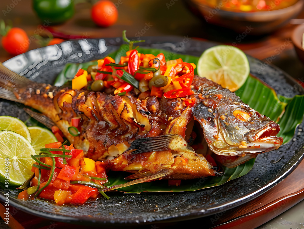 Fried Fish with Chili and Lime, Realistic Food Photography Fried Fish with Chili and Lime, Realistic Food Photography