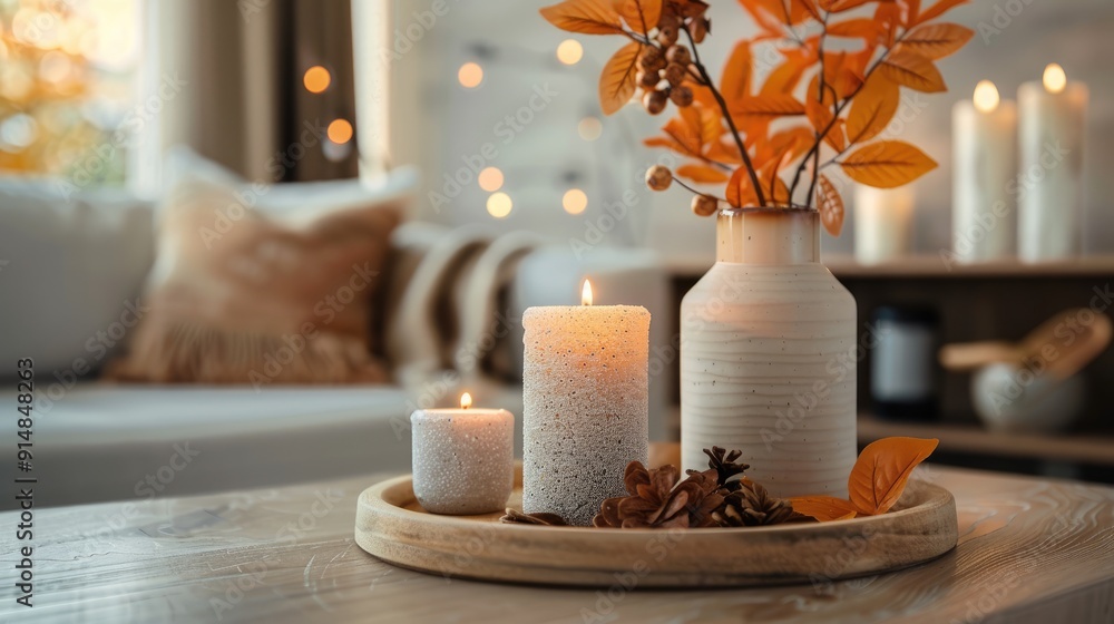 Modern interior with autumn decor and candles Modern interior with autumn decor and candles