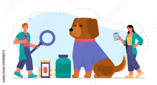 Dog treatment people. Man and woman in medical uniform near puppy. Diagnosis and treatment. Veterinarian team with magnifying glass and medicines for domestic animals. Flat vector illustration
