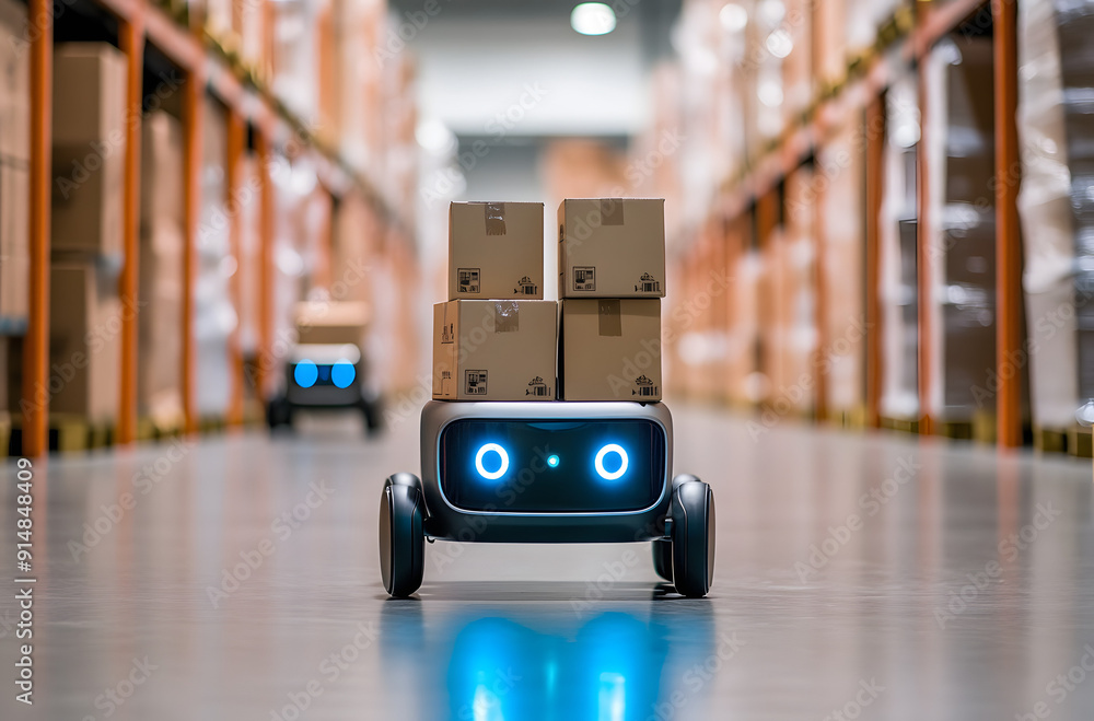 Small Robot Vehicle Carrying Boxes in a Warehouse Small Robot Vehicle Carrying Boxes in a Warehouse