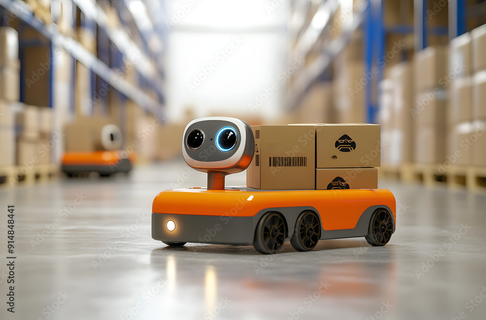 Small Robot Vehicle Carrying Boxes in a Warehouse Small Robot Vehicle Carrying Boxes in a Warehouse