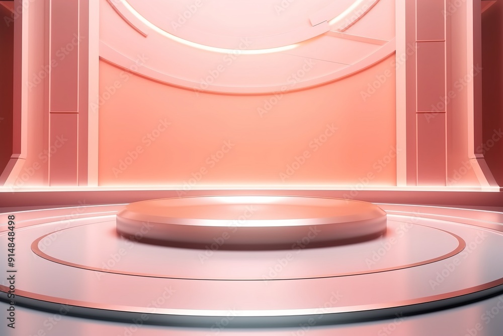 Minimalist pink pedestal podium with glowing light. Minimalist pink pedestal podium with glowing light.